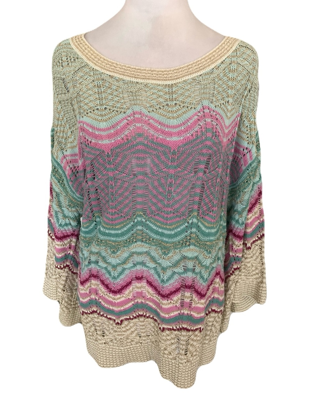 Soft Surroundings Large Multicolor Wave Open Knit Scoop Neck Sweater Boho